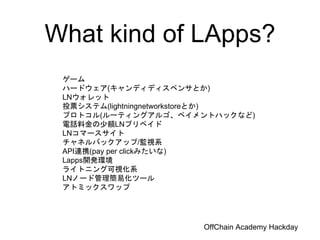 What kind of LApps?
ゲーム
ハードウェア(キャンディディスペンサとか)
LNウォレット
投票システム(lightningnetworkstoreとか)
プロトコル(ルーティングアルゴ、ペイメントハックなど)
電話料金の少額LNプリペイド
LNコマースサイト
チャネルバックアップ/監視系
API連携(pay per clickみたいな)
Lapps開発環境
ライトニング可視化系
LNノード管理簡易化ツール
アトミックスワップ
OffChain Academy Hackday
 