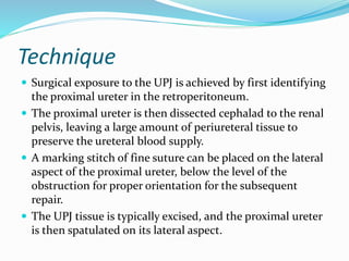 Technique
 Surgical exposure to the UPJ is achieved by first identifying
the proximal ureter in the retroperitoneum.
 The proximal ureter is then dissected cephalad to the renal
pelvis, leaving a large amount of periureteral tissue to
preserve the ureteral blood supply.
 A marking stitch of fine suture can be placed on the lateral
aspect of the proximal ureter, below the level of the
obstruction for proper orientation for the subsequent
repair.
 The UPJ tissue is typically excised, and the proximal ureter
is then spatulated on its lateral aspect.
 