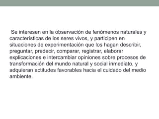Se interesen en la observación de fenómenos naturales y
características de los seres vivos, y participen en
situaciones de experimentación que los hagan describir,
preguntar, predecir, comparar, registrar, elaborar
explicaciones e intercambiar opiniones sobre procesos de
transformación del mundo natural y social inmediato, y
adquieran actitudes favorables hacia el cuidado del medio
ambiente.
 