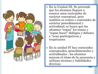  En la Unidad III. Se pretende
que los alumnos lleguen a
conocer unos contenidos de
carácter conceptual, pero
también se centra e contenidos de
carácter procedimental y
actitudinal; se busca que los
alumnos “sepan” los temas y
“sepan hacer” diálogos y debates
y “sean participativos y
respetuosos
 En la unidad IV hay contenidos
conceptuales, procedimentales y
actitudinales , los alumnos
marcan el ritmo de la secuencia y
utilizan técnicas y habilidades
diversas
 