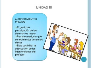 UNIDAD III
A)CONOCIMIENTOS
PREVIOS
El grado de
participación de los
alumnos es mayor.
Permite averiguar que
conocimientos tienen los
chicos
Esto posibilita la
adecuación de las
intervenciones del
profesor
 