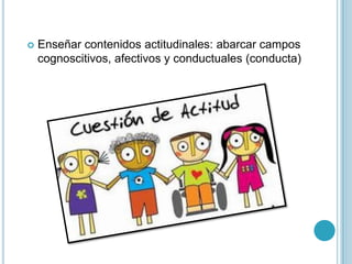  Enseñar contenidos actitudinales: abarcar campos
cognoscitivos, afectivos y conductuales (conducta)
 