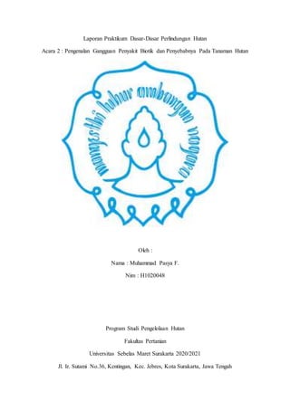 Laporan Praktikum Dasar-Dasar Perlindungan Hutan
Acara 2 : Pengenalan Gangguan Penyakit Biotik dan Penyebabnya Pada Tanaman Hutan
Oleh :
Nama : Muhammad Pasya F.
Nim : H1020048
Program Studi Pengelolaan Hutan
Fakultas Pertanian
Universitas Sebelas Maret Surakarta 2020/2021
Jl. Ir. Sutami No.36, Kentingan, Kec. Jebres, Kota Surakarta, Jawa Tengah
 