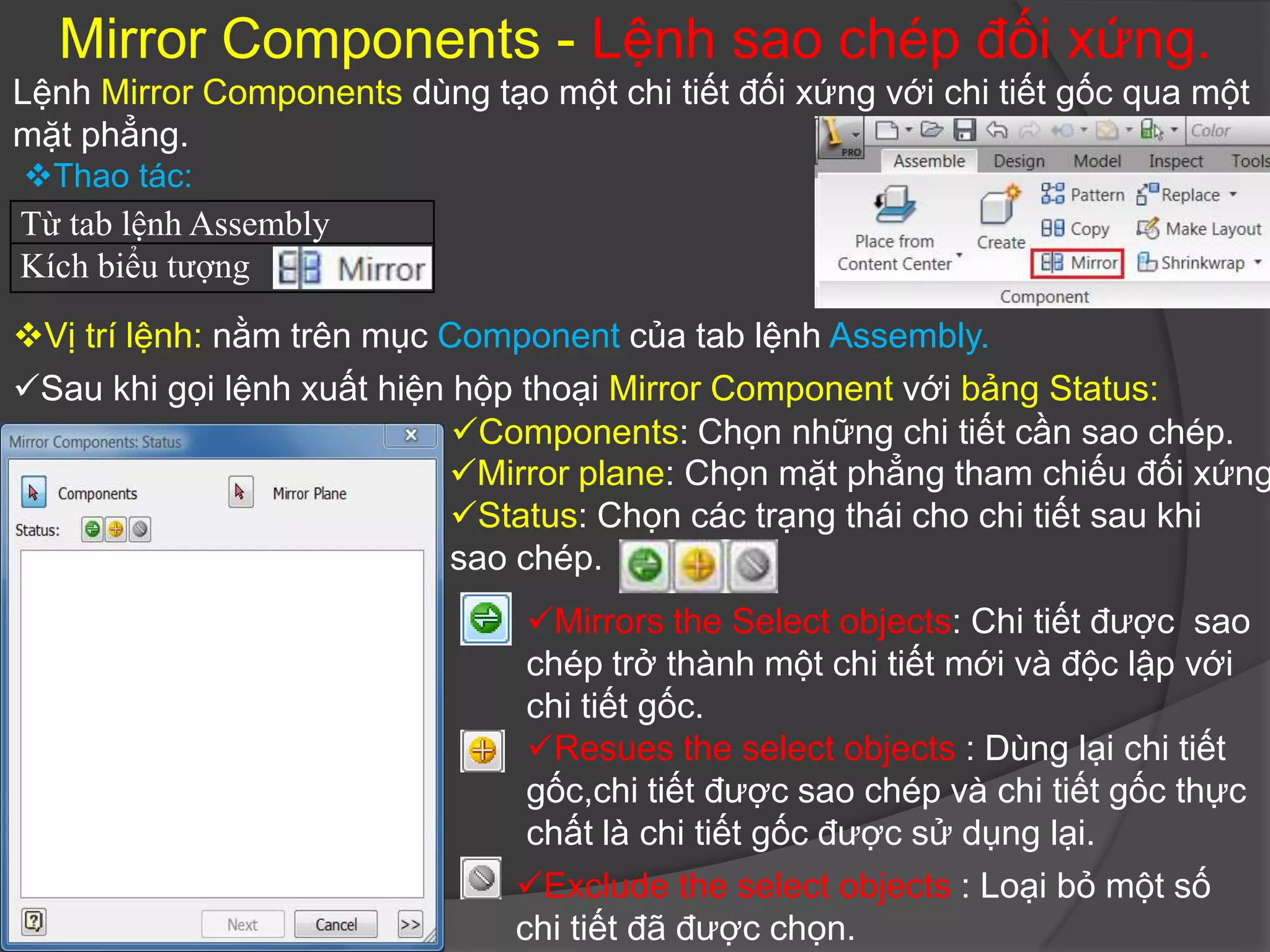 Mirror Components - Lệnh sao chép đối xứng.
Lệnh Mirror Components dùng tạo một chi tiết đối xứng với chi tiết gốc qua một
mặt phẳng.
Thao tác:
Từ tab lệnh Assembly
Kích biểu tượng
Vị trí lệnh: nằm trên mục Component của tab lệnh Assembly.
Sau khi gọi lệnh xuất hiện hộp thoại Mirror Component với bảng Status:
                            Components: Chọn những chi tiết cần sao chép.
                            Mirror plane: Chọn mặt phẳng tham chiếu đối xứng
                            Status: Chọn các trạng thái cho chi tiết sau khi
                            sao chép.
                                Mirrors the Select objects: Chi tiết được sao
                                chép trở thành một chi tiết mới và độc lập với
                                chi tiết gốc.
                                Resues the select objects : Dùng lại chi tiết
                                gốc,chi tiết được sao chép và chi tiết gốc thực
                                chất là chi tiết gốc được sử dụng lại.
                               Exclude the select objects : Loại bỏ một số
                               chi tiết đã được chọn.
 
