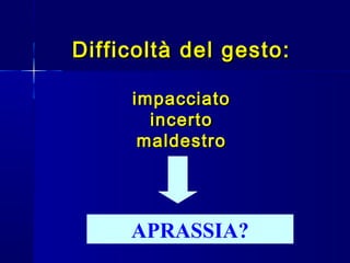 Difficoltà del gesto:Difficoltà del gesto:
impacciatoimpacciato
incertoincerto
maldestromaldestro
APRASSIA?
 