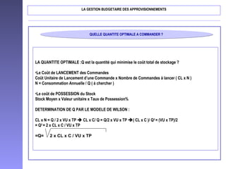 QUELLE QUANTITE OPTIMALE A COMMANDER ?QUELLE QUANTITE OPTIMALE A COMMANDER ?
LA GESTION BUDGETAIRE DES APPROVISIONNEMENTS
LA QUANTITE OPTIMALE :Q est la quantité qui minimise le coût total de stockage ?
•Le Coût de LANCEMENT des Commandes
Coût Unitaire de Lancement d’une Commande x Nombre de Commandes à lancer ( CL x N )
N = Consommation Annuelle / Q ( à chercher )
•Le coût de POSSESSION du Stock
Stock Moyen x Valeur unitaire x Taux de Possession%
DETERMINATION DE Q PAR LE MODELE DE WILSON :
CL x N = Q / 2 x VU x TP  CL x C/ Q = Q/2 x VU x TP ( CL x C )/ Q2
= (VU x TP)/2
= Q2
= 2 x CL x C / VU x TP
=Q= 2 x CL x C / VU x TP
 