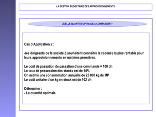 QUELLE QUANTITE OPTIMALE A COMMANDER ?QUELLE QUANTITE OPTIMALE A COMMANDER ?
LA GESTION BUDGETAIRE DES APPROVISIONNEMENTS
Cas d’Application 2 :
-les dirigeants de la société Z souhaitent connaître la cadence la plus rentable pour
leurs approvisionnements en matières premières.
Le coût de passation de passation d’une commande = 100 dh
Le taux de possession des stocks est de 15%
On estime une consommation annuelle de 25 000 kg de MP
Le coût unitaire d’un kg en stock est de 102 dh
Déterminer :
- La quantité optimale
 
