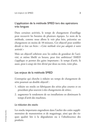 LES ENJEUX DE SMED 3
©
Groupe
Eyrolles
L’application de la méthode SMED lors des opérations
très longues
Dans certaines activités, le temps de changement d’outillage
peut recouvrir les horaires de plusieurs équipes. Le nom de la
méthode, comme nous allons le voir plus loin, préconise un
changement en moins de 10 minutes. Cet objectif peut sembler
décalé et être un frein : «Cette méthode n’est pas adaptée à notre
activité.»
Mais un objectif cohérent avec les ordres de grandeur de l’acti-
vité, et même libellé en heures, peut être ambitieux! SMED
s’applique et permet des gains importants : le temps d’arrêt, là
aussi, peut à coup sûr être divisé par deux ou trois, voire plus.
Les enjeux de la méthode SMED
L’entreprise qui cherche à réduire ses temps de changement de
série poursuit un double objectif :
1. réduire ses stocks en fabriquant des séries plus courtes et en
procédant plus souvent à des changements de séries;
2. augmenter le rendement de ses installations en diminuant le
temps d’arrêt des machines.
La réduction des stocks
Les stocks importants engendrent dans l’atelier des coûts supplé-
mentaires de manutention et de magasinage, ainsi que des ris-
ques qualité liés à la dégradation ou à l’obsolescence des
produits.
 