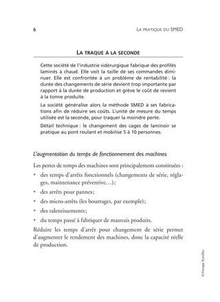 LA PRATIQUE DU SMED
6
©
Groupe
Eyrolles
LA TRAQUE À LA SECONDE
Cette société de l’industrie sidérurgique fabrique des profilés
laminés à chaud. Elle voit la taille de ses commandes dimi-
nuer. Elle est confrontée à un problème de rentabilité : la
durée des changements de série devient trop importante par
rapport à la durée de production et grève le coût de revient
à la tonne produite.
La société généralise alors la méthode SMED à ses fabrica-
tions afin de réduire ses coûts. L’unité de mesure du temps
utilisée est la seconde, pour traquer la moindre perte.
Détail technique : le changement des cages de laminoir se
pratique au pont roulant et mobilise 5 à 10 personnes.
L’augmentation du temps de fonctionnement des machines
Les pertes de temps des machines sont principalement constituées :
• des temps d’arrêts fonctionnels (changements de série, régla-
ges, maintenance préventive…);
• des arrêts pour pannes;
• des micro-arrêts (les bourrages, par exemple);
• des ralentissements;
• du temps passé à fabriquer de mauvais produits.
Réduire les temps d’arrêt pour changement de série permet
d’augmenter le rendement des machines, donc la capacité réelle
de production.
 