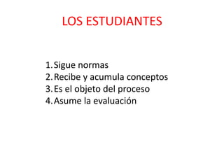 LOS ESTUDIANTES
1.Sigue normas
2.Recibe y acumula conceptos
3.Es el objeto del proceso
4.Asume la evaluación
 