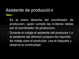 Asistente de producción Es la mano derecha del coordinador de produccion, quien cumple las órdenes dadas por el coordinador de produccion. Durante el rodaje el asistente del productor ( o el asistente del director) prepara los reportes de rodaje para el productor, usa el claqueta y observa la continuidad. 