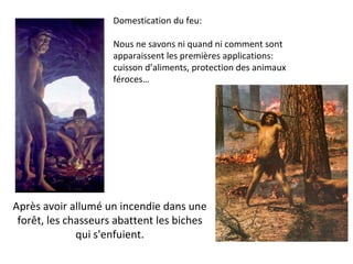 Domestication du feu: Nous ne savons ni quand ni comment sont apparaissent les premières applications: cuisson d’aliments, protection des animaux féroces… Après avoir allumé un incendie dans une forêt, les chasseurs abattent les biches qui s'enfuient. 