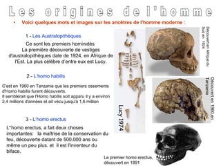 Voici quelques mots et images sur les ancêtres de l'homme moderne : 1 -  Les Australopithèques   Ce sont les premiers hominidés  La première découverte de vestiges d'australopithèques date de 1924, en Afrique de l'Est. La plus célèbre d’entre eux est Lucy . C'est en 1960 en Tanzanie que les premiers ossements d'Homo habilis furent découverts.  Il semblerait que l'Homo habilis soit apparu il y a environ 2,4 millions d'années et ait vécu jusqu'à 1,6 million  2 -  L‘homo habilis   3 -  L‘homo erectus   L'‘homo erectus, a fait deux choses importantes:   la maîtrise de la conservation du feu, découverte datant de 500.000 ans ou même un peu plus. et  il est l'inventeur du biface.  Découvert en Afrique du Sud en  1924 Découvert en 1960,en Tanzanie Le premier homo  erectus, découvert  en 1891 L e s  o r i g i n e s  d e  l ' h o m m e Lucy 1974 