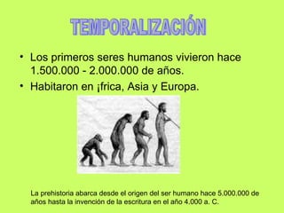 Los primeros seres humanos vivieron hace 1.500.000 - 2.000.000 de años. Habitaron en África, Asia y Europa. TEMPORALIZACIÓN La prehistoria abarca desde el origen del ser humano hace 5.000.000 de años hasta la invención de la escritura en el año 4.000 a. C.