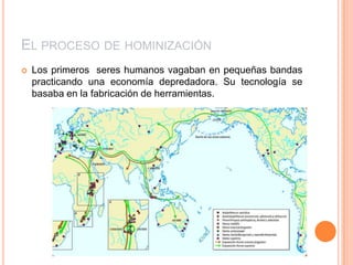 El proceso de hominización Los primeros  seres humanos vagaban en pequeñas bandas practicando una economía depredadora. Su tecnología se basaba en la fabricación de herramientas.