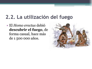 2.2. La utilización del fuego
• El Homo erectus debió
  descubrir el fuego, de
  forma casual, hace más
  de 1 500 000 años.
 