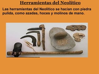Herramientas del Neolítico Las herramientas del Neolítico se hacían con piedra pulida, como azadas, hoces y molinos de mano. 
