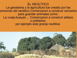 EL NEOLÍTICO La ganaderia y la agricultura fue creado por las personas del neolitico.Comenzaron a construir cercados para guardar animales como: La oveja,bueyes ... Comenzaron a construir aldeas o poblados. por ejemplo esta granja neolitica  