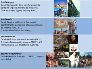 Edad Antigua
Desde la invención de la escritura hasta la
caída del Imperio Romano de occidente.
(Mesopotamia, Egipto, Grecia y Roma.)


Edad Media
Desde la caída del Imperio Romano de
occidente (456 d. C.) hasta el descubrimiento
de América (1492 d.C.)
(Civilización cristiana y el Islam),

Edad Moderna
Desde el descubrimiento de América (1492 d.
C.), hasta la revolución francesa (1789 d. C.)
(Renacimiento y el despotismo ilustrado.)


Edad Contemporánea
De la Revolución Francesa (1789 d. C.) hasta la
actualidad.
 