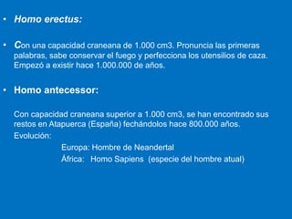 • Homo erectus:
• Con una capacidad craneana de 1.000 cm3. Pronuncia las primeras
palabras, sabe conservar el fuego y perfecciona los utensilios de caza.
Empezó a existir hace 1.000.000 de años.

• Homo antecessor:
Con capacidad craneana superior a 1.000 cm3, se han encontrado sus
restos en Atapuerca (España) fechándolos hace 800.000 años.
Evolución:
Europa: Hombre de Neandertal
África: Homo Sapiens (especie del hombre atual)

 