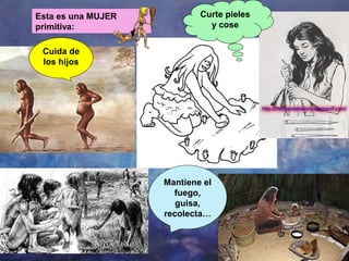 Esta es una MUJER
primitiva:

Curte pieles
y cose

Cuida de
los hijos

Mantiene el
fuego,
guisa,
recolecta…

 