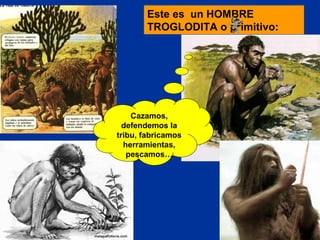 Este es un HOMBRE
TROGLODITA o primitivo:

Cazamos,
defendemos la
tribu, fabricamos
herramientas,
pescamos…

 