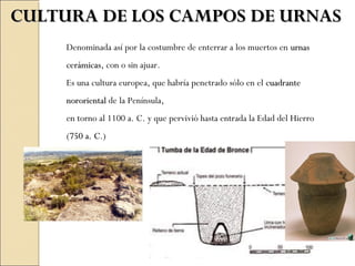CULTURA DE LOS CAMPOS DE URNASCULTURA DE LOS CAMPOS DE URNAS
Denominada así por la costumbre de enterrar a los muertos en urnasurnas
cerámicascerámicas, con o sin ajuar.
Es una cultura europea, que habría penetrado sólo en el cuadrantecuadrante
nororientalnororiental de la Península,
en torno al 1100 a. C. y que pervivió hasta entrada la Edad del Hierro
(750 a. C750 a. C.)
 