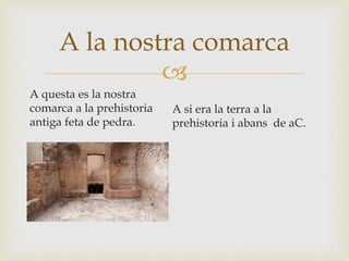 
A la nostra comarca
A questa es la nostra
comarca a la prehistoria
antiga feta de pedra.
A si era la terra a la
prehistoria i abans de aC.
 