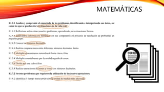 MATEMÁTICAS
B1.2.1 Analiza y comprende el enunciado de los problemas, identificando e interpretando sus datos, así
como los que se puedan dar en situaciones de la vida real.
B1.6.1 Reflexiona sobre cómo resuelve problemas, aprendiendo para situaciones futuras.
B2.4.1 Intercambia información numérica con sus compañeros en procesos de resolución de problemas en
pequeño grupo.
B2.4.5 Conoce los números decimales.
B2.4.6 Realiza comparaciones entre diferentes números decimales dados.
B2.5.3 Multiplica con números naturales de hasta cinco cifras.
B2.5.4 Multiplica mentalmente por la unidad seguida de ceros.
B2.5.6 Divide por una y dos cifras.
B2.5.8 Realiza operaciones de sumas y restas con números decimales.
B2.7.2 Inventa problemas que requieren la utilización de las cuatro operaciones.
B3.4.2 Identifica el tiempo transcurrido con la unidad de medida más adecuada.
 