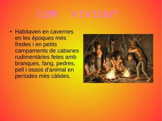 COM VIVIEN?
● Habitaven en cavernes
en les èpoques més
fredes i en petits
campaments de cabanes
rudimentàries fetes amb
branques, fang, pedres,
pell i ossos d'animal en
períodes més càlides.
 