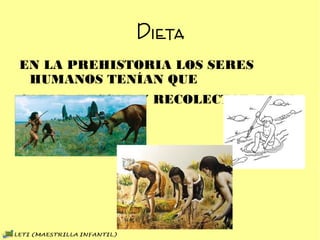 Dieta
EN LA PREHISTORIA LOS SERES HUMANOS TENÍAN QUE
CAZAR, PESCAR Y RECOLECTAR PARA COMER.
 