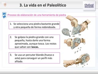 09
Proceso de elaboración de una herramienta de piedra
1. Se selecciona una piedra bastante grande
y otra pequeña de forma redondeada.
2. Se golpea la piedra grande con una
pequeña, hasta darle una forma
aproximada, aunque tosca. Los restos
que saltan son lascas.
3. Se usa un percutor blando (hueso o
asta) para conseguir un perfil más
afilado.
3. La vida en el Paleolítico
 