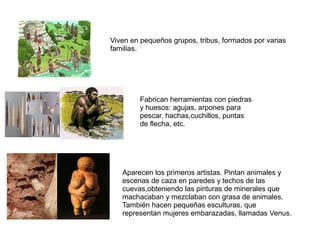 Viven en pequeños grupos, tribus, formados por varias
familias.
Fabrican herramientas con piedras
y huesos: agujas, arpones para
pescar, hachas,cuchillos, puntas
de flecha, etc.
Aparecen los primeros artistas. Pintan animales y
escenas de caza en paredes y techos de las
cuevas,obteniendo las pinturas de minerales que
machacaban y mezclaban con grasa de animales.
También hacen pequeñas esculturas, que
representan mujeres embarazadas, llamadas Venus.
 
