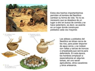 Estos dos hechos importantisimos
permiten al hombre del Neolítico
cambiar su forma de vida. Ya no es
necesario que se desplace de un
lugar a otro en busca de comida y se
hace sedentario, es decir, se asienta
en un lugar donde construyen
poblados cada vez mayores
Las aldeas y poblados del
Neolítico se sitúan cerca de
los ríos, para poder disponer
de agua cerca, y se rodean
con vallas y cercas de troncos
o empalizada,que servía para
defenderla .En esta época,
los hombres empiezan a
especializarse en algunas
tareas, así uno seran
agricultores, otros cazadores
y otros artesanos.
 
