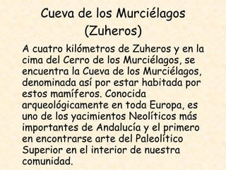 Cueva de los Murciélagos (Zuheros) A cuatro kilómetros de Zuheros y en la cima del Cerro de los Murciélagos, se encuentra la Cueva de los Murciélagos, denominada así por estar habitada por estos mamíferos. Conocida arqueológicamente en toda Europa, es uno de los yacimientos Neolíticos más importantes de Andalucía y el primero en encontrarse arte del Paleolítico Superior en el interior de nuestra comunidad.   