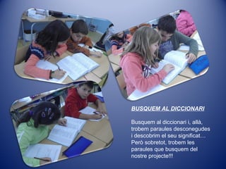 BUSQUEM AL DICCIONARI
Busquem al diccionari i, allà,
trobem paraules desconegudes
i descobrim el seu significat…
Però sobretot, trobem les
paraules que busquem del
nostre projecte!!!
 