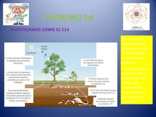 INVESTIGAMOS SOBRE EL C14
Buscamos el
significado de
palabras nuevas
y aprendimos
conceptos de
química
Comentamos la
información y
escribimos las
ideas más
importantes
explicándolas
con nuestras
palabras
 