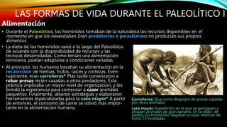 LAS FORMAS DE VIDA DURANTE EL PALEOLÍTICO I
Alimentación
• Durante el Paleolítico, los homínidos tomaban de la naturaleza los recursos disponibles en el
momento en que los necesitaban. Eran predatorios o parasitarios: no producían sus propios
alimentos.
Carroñeros: Que come despojos de presas cazadas
por otros animales.
caza mayor: Expedición en la que se persiguen y
atrapan animales de gran tamaño. En la edad de
piedra, los homínidos llegaban a cazar mamuts de
hasta 12 toneladas.
• La dieta de los homínidos varió a lo largo del Paleolítico,
de acuerdo con la disponibilidad de recursos y las
técnicas desarrolladas. Como tenían una alimentación
omnívora, podían adaptarse a condiciones variadas.
• Al principio, los humanos basaban su alimentación en la
recolección de hierbas, frutos, raíces y cortezas. Even-
tualmente, eran carroñeros* Más tarde comenzaron a
robar presas recién cazadas a otros predadores. Esta
práctica implicaba un mayor nivel de organización, y les
brindó la experiencia para comenzar a cazar animales
pequeños. Finalmente, idearon estrategias y elaboraron
herramientas especializadas para la caza mayor* A partir
de entonces, el consumo de carne se volvió más impor-
tante en la alimentación humana.
 