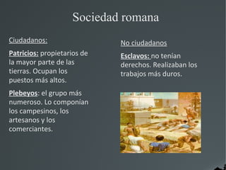 Sociedad romana
Ciudadanos:                  No ciudadanos
Patricios: propietarios de   Esclavos: no tenían
la mayor parte de las        derechos. Realizaban los
tierras. Ocupan los          trabajos más duros.
puestos más altos.
Plebeyos: el grupo más
numeroso. Lo componían
los campesinos, los
artesanos y los
comerciantes.
 