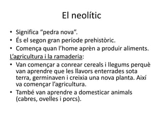 El neolític
• Significa “pedra nova”.
• És el segon gran període prehistòric.
• Comença quan l’home aprèn a produir aliments.
L’agricultura i la ramaderia:
• Van començar a conrear cereals i llegums perquè
   van aprendre que les llavors enterrades sota
   terra, germinaven i creixia una nova planta. Així
   va començar l’agricultura.
• També van aprendre a domesticar animals
   (cabres, ovelles i porcs).
 
