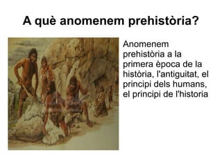 A què anomenem prehistòria?
               Anomenem
               prehistòria a la
               primera època de la
               història, l'antiguitat, el
               principi dels humans,
               el principi de l'historia
 