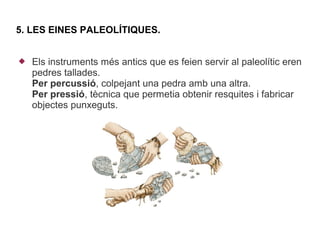 5. LES EINES PALEOLÍTIQUES.


   Els instruments més antics que es feien servir al paleolític eren
    pedres tallades.
    Per percussió, colpejant una pedra amb una altra.
    Per pressió, tècnica que permetia obtenir resquites i fabricar
    objectes punxeguts.
 