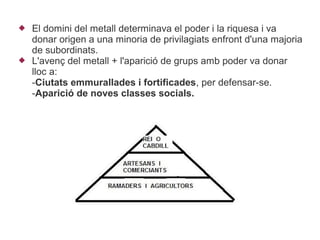    El domini del metall determinava el poder i la riquesa i va
    donar origen a una minoria de privilagiats enfront d'una majoria
    de subordinats.
   L'avenç del metall + l'aparició de grups amb poder va donar
    lloc a:
    -Ciutats emmurallades i fortificades, per defensar-se.
    -Aparició de noves classes socials.
 