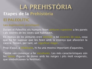 Etapes de la Prehistòria
El PALEOLÍTIC
Les expressions artístiques
Durant el Paleolític els humans feien pintures rupestres a les parets
i als sostres de les coves que habitaven.
Els motius de les pintures eren animals o bé escenes de caça, cosa
que ha fet suposar que les feien amb la creença que afavorien la
cacera. Tenien, per tant, un significat màgic.
Prop d'aquí, a Ulldecona, hi ha una mostra important d'aquestes.
També van començar a fer escultures. Les més característiques són
les venus (figures de dones amb les natges i pits molt exagerats,
que simbolitzaven la fertilitat).
 