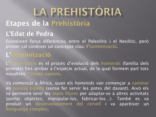 Etapes de la Prehistòria
L’Edat de Pedra
Existeixen força diferències entre el Paleolític i el Neolític, però
primer cal conèixer un concepte clau: l’hominització.
L’hominització
L’hominització és el procés d’evolució dels hominids (família dels
primats) fins arribar a l’espècie actual, de la qual formem part tots
nosaltres: l’Homo sapiens.
Va començar a Àfrica, quan els homínids van començar a caminar
en posició bípeda (sense fer servir les potes del davant). Això els
va permetre tenir les mans lliures per adaptar-se a altres activitats
(portar objectes, manipular-los, fabricar-los…). També es va
produir un desenvolupament del cervell i va aparèixer un
llenguatge complex.
 