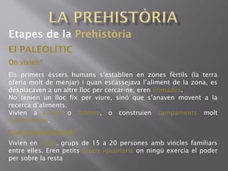 Etapes de la Prehistòria
El PALEOLÍTIC
Els primers éssers humans s’establien en zones fèrtils (la terra
oferia molt de menjar) i quan escassejava l’aliment de la zona, es
desplaçaven a un altre lloc per cercar-ne; eren nòmades.
No tenien un lloc fix per viure, sinó que s’anaven movent a la
recerca d’aliments.
Vivien a coves o balmes, o construïen campaments molt
rudimentaris.
On vivien?
Com s’organitzaven?
Vivien en clans, grups de 15 a 20 persones amb vincles familiars
entre elles. Eren petits grups igualitaris on ningú exercia el poder
per sobre la resta
 