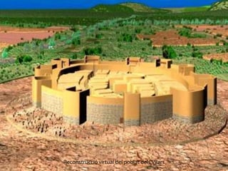 L’edat dels metalls
• Durant el III mil·lenni a. C. aparegueren els primers grups que
coneixien la metal·lúrgia del coure.
• La posterior utilització del bronze (cap al 1800 a. C.) i del ferro
va lligada a l’arribada, a finals del II mil·lenni a. C., de pobles
indoeuropeus procedents del centre d’Europa (camp d’urnes).
• Aquests canvis van comportar una major sedentarització de la
població, que va propiciar l’aparició dels primers poblats amb
estructura urbana
• Situats en llocs elevats i prop d’algun riu, s’organitzaven al
voltant d’una plaça central i els seus habitatges, adossats els
uns amb els altres, formaven una petita muralla.
La Prehistòria a Catalunya
Reconstrucció virtual del poblat dels Vilars
 