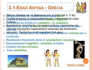 3.1-EDAD ANTIGA - GRÈCIA

   Grècia clàssica es va desenvolupar a partir del s. V aC.
    Els grecs vivien en ciutats anomenades polis.

   Ciutats gregues (= mesopotàmiques): independents unes
    Les polis més poderoses foren Atenes i Esparta.
   d’altres.
    La societat es dividia en ciutadans i no ciutadans.

   Aportacions importants a la nostraEls ciutadans es reunien i
    A Atenes va sorgir la democràcia. cultura: impulsaren les
    ciències (buscaven explicacions racionals als fenòmens
    votaven.
   naturals). s'expandiren pelimportant l’art fundaren colònies per a
    Els grecs També fou molt Mediterrani i grec.
    comerciar.
   Realitzaren importants obres d’ arquitectura i escultura.
   Representaven tragèdies i comèdies al teatre.
   Crearen els jocs olímpics.
    Eren politeistes.


                                                                         19

                                                      Tornar a l’índex
 