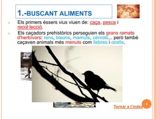 1.-BUSCANT ALIMENTS
   Els primers éssers vius viuen de: caça, pesca i
    recol·lecció.
   Els caçadors prehistòrics perseguien els grans ramats
    d'herbívors: rens, bisons, mamuts, cérvols... però també
    caçaven animals més menuts com llebres i ocells.




                                                                   4
                                                Tornar a l’índex
 