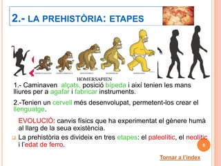 2.- LA PREHISTÒRIA: ETAPES
    LA PREHISTÒRIA
   La prehistòria és el període de temps que va des de l’aparició
    dels primers éssers humans fins a la invenció de l’escriptura.
   Els primers éssers humans dels que tenim constància van
    viure fa entre 4-5 Ma. a Àfrica. Es distingien de la resta
    d’animals perquè:

1.- Caminaven alçats, posició bípeda i així tenien les mans
lliures per a agafar i fabricar instruments.
2.-Tenien un cervell més desenvolupat, permetent-los crear el
llenguatge.
    EVOLUCIÓ: canvis físics que ha experimentat el gènere humà
    al llarg de la seua existència.
   La prehistòria es divideix en tres etapes: el paleolític, el neolític
    i l’edat de ferro.                                                 6

                                                       Tornar a l’índex
 